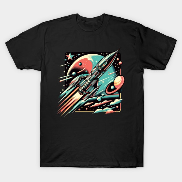 Retro Cosmic Adventure: Vintage Space Odyssey T-Shirt by Graphic Wonders Emporium